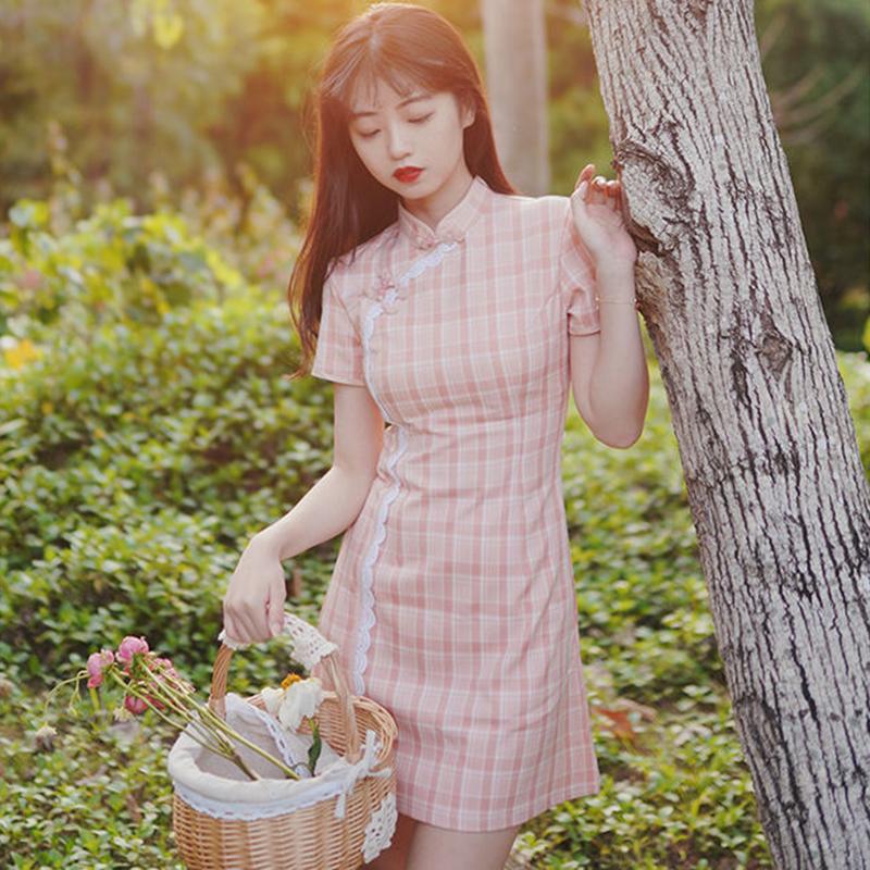 Pink Cheongsam Can Be Worn Daily In Summer Young Girl Sweet Plaid Modified Version Dress