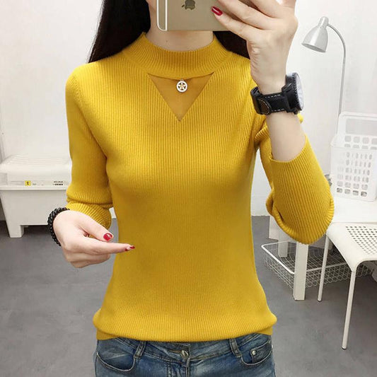 Pofulove Women's Turtleneck Pullover Slim Knit jumper Winter Hollow Gauze  yellow Sweater Tops