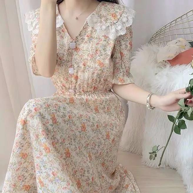 Women Summer Vintage High Waist Fairy Holiday Long Dress Elegant Slim Lace Peter Pan Collar Idyllic Floral Printed Dress