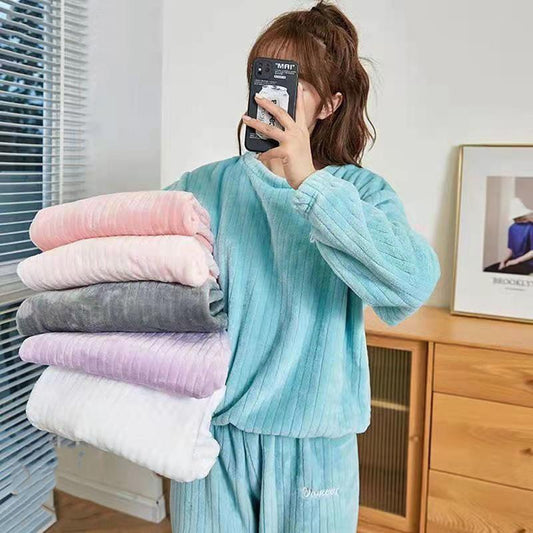 Winter Ladies Plus Velvet Embroidered Vertical Striped Pajamas Set Warm Long-sleeved Set Solid Color Outerwear Loose Home Wear Casual Outfit