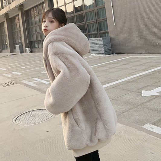 Korean Version of Loose Plush Coat Women's Winter Rex Rabbit Fur Padded Hooded Coat