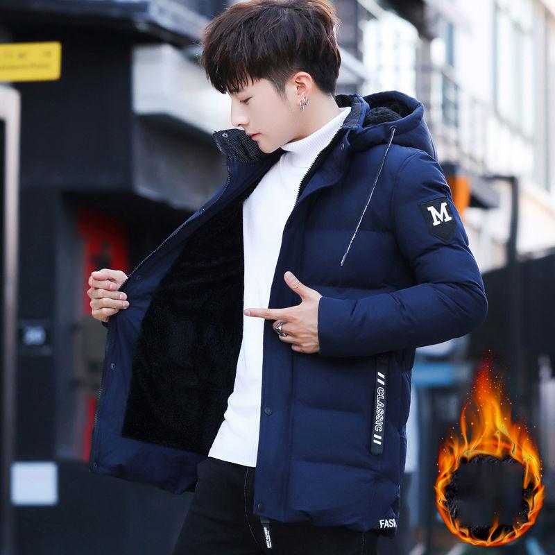 Winter Down Men's Padded Jacket Plus Velvet Thickening Youth Padded Hooded Jacket Trend Student Warm Jacket Fashion Slim Parker Clothing