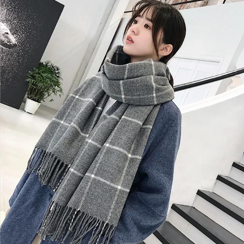 Korean Woolen Scarf Women Winter Thickened Japanese Scarf Wild Warm Plaid Shawl Dual-use Ladies