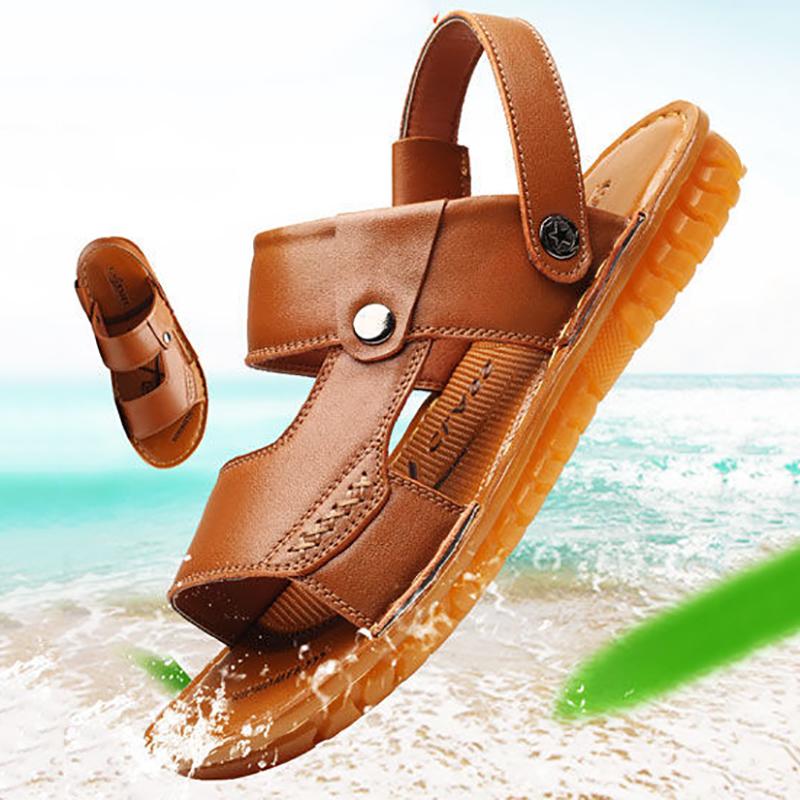 First Layer Cowhide Men's Sandals Tendon Sole Leather Beach Shoes Summer Leisure Sandals and Slippers Non-slip Soft Sole Sandals