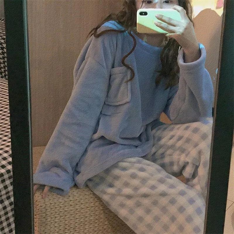 Women's Coral Fleece Pajamas Set Plus Fleece Korean Style Cute Plaid Loose Outer Wear Comfortable Homewear Solid Round Neck Pyjamas Set