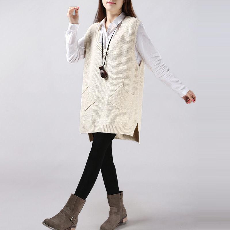 Autumn and Winter Mid-length Knitted Vest Women Loose Hedging V-neck Vest Thickened Large Size Waistcoat