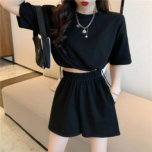 2PCS Summer Casual Sports Suit Women's Wide-leg Shorts + Short-sleeved T-shirt Two-piece Fitness Jogging Clothes Home Comfort Sets