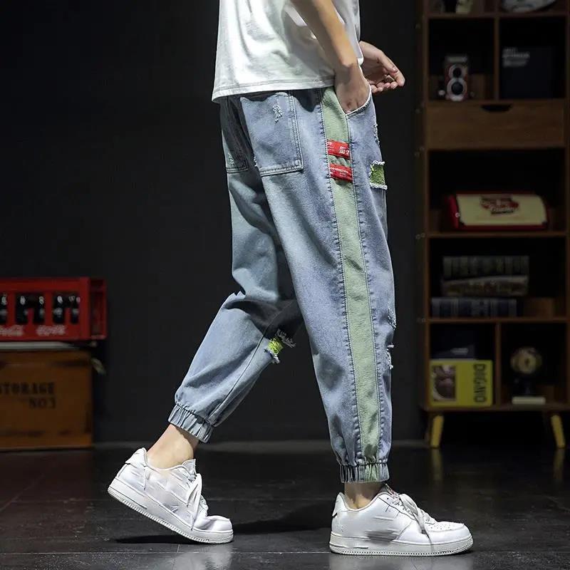 Ripped 9-point Jeans Men's Summer Leggings Pants Trendy Brand Loose Feet Pants Trendy Nine-point Pants