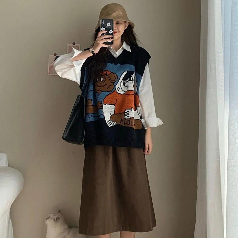 One-piece Spring and Autumn V-neck Knitted Pullover Thin Sweater Loose Vest Vest Casual Ladies Sleeveless Vest Sweater Comfortable and Loose