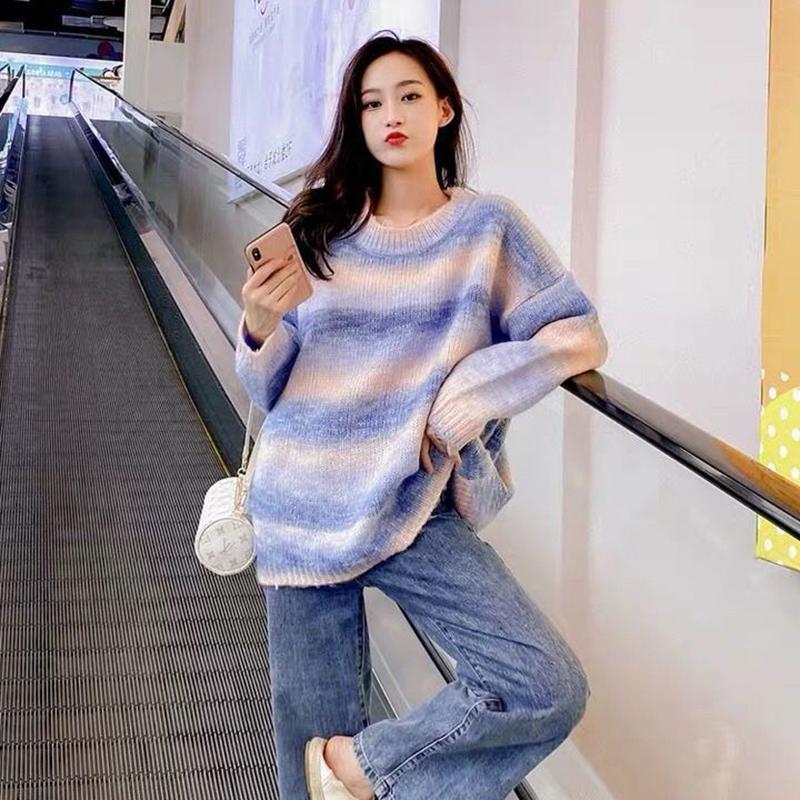 Autumn  Winter  Rainbow Sweater Slimming Women's  Loose Outer Wear Cocoon Casual Long-sleeved Sweater Top