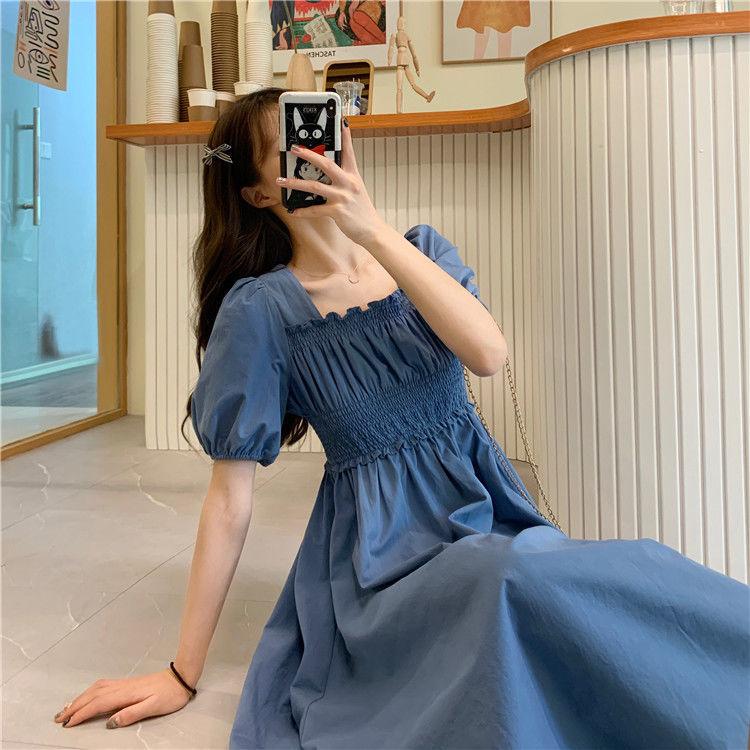 Women's Summer Retro French Over The Knee Long Close Waist Slim Foam Square Neck Short Sleeve Dress