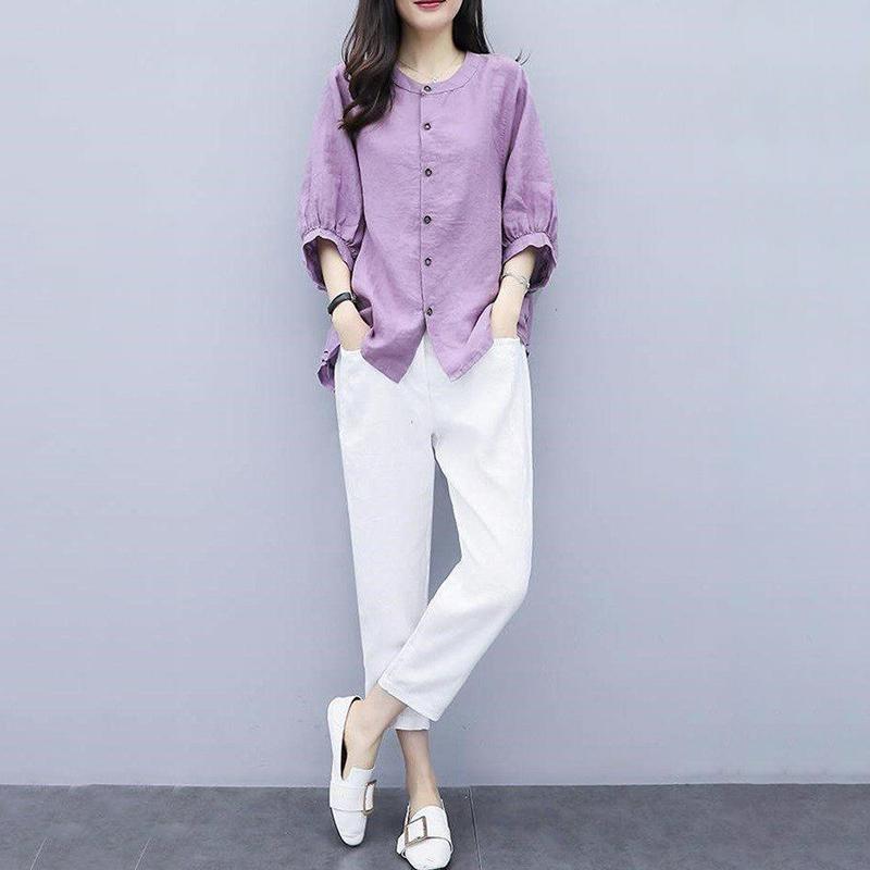 Women's Two-piece Suit Cotton and Linen Loose Middle-sleeved Round Neck Blouse Nine-point Pants Casual Loose Suit Ladies Casual Suit