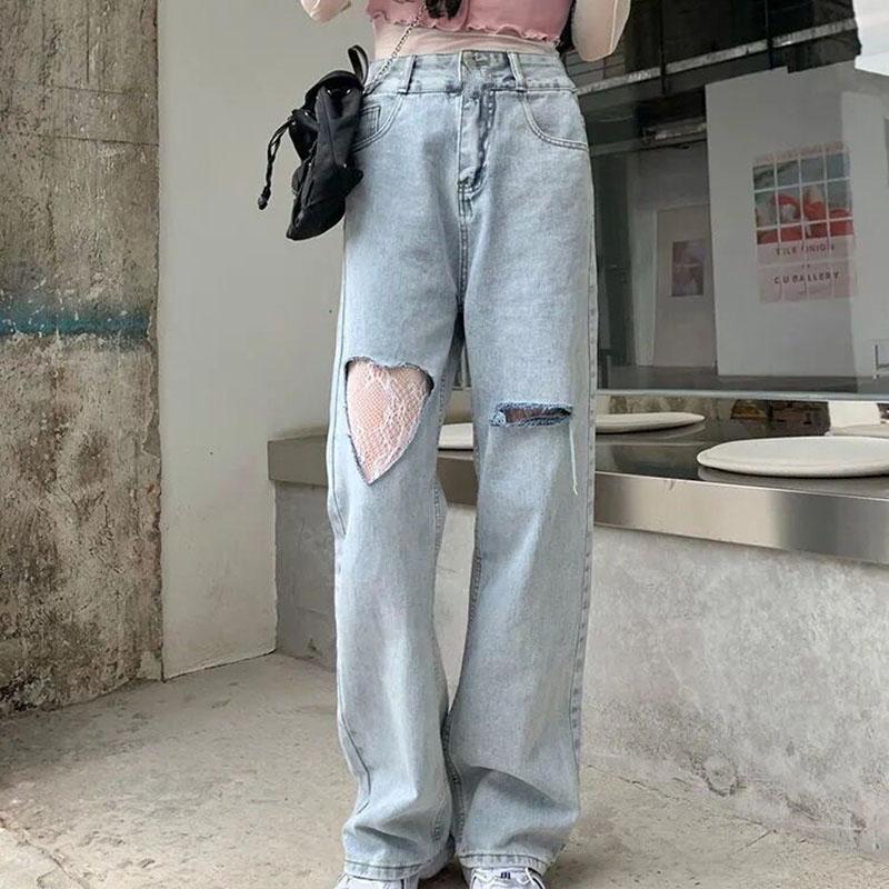 Ripped Jeans Women's Summer High-waisted Pants Korean Style Loose and Thin Straight-leg Pants