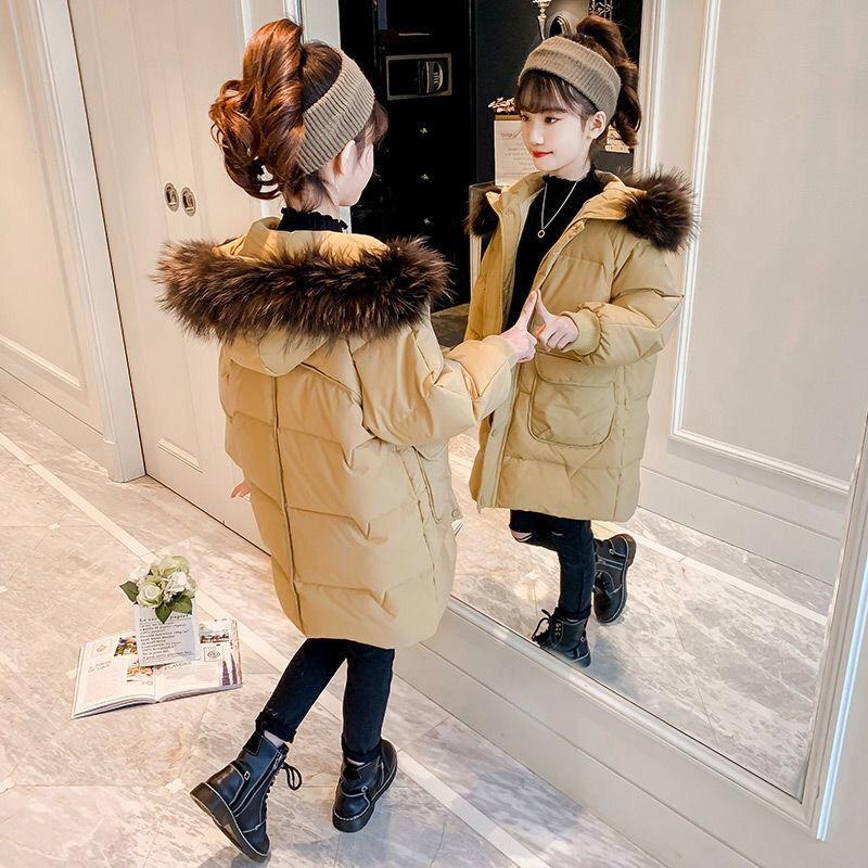 Girls' Thick Warm Cotton-padded Jacket with Large Fur Collar Winter Mid-length Windproof Hooded Jacket