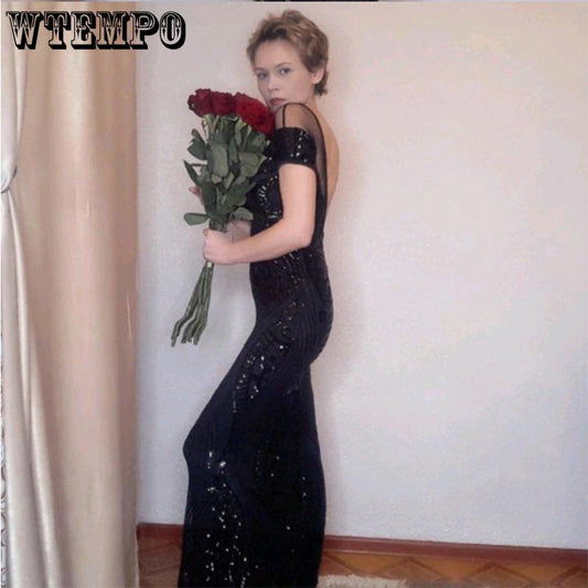 Black Long Mermaid Dress Night Party Elegant Dresses Women Sequin Off Shoulder Backless Sexy Slim Short Sleeve