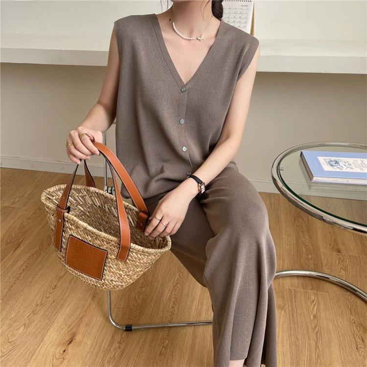 2PCS Spring and Summer Leisure Suit Two-piece Ice Silk Knitted Vest Cardigan + Wide-leg Pants Suit Loose Casual Lazy Style Sets