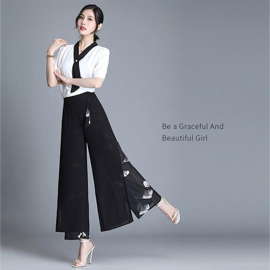 WTEMPO Floral Double Chiffon Women Ankle-Length Pants Skirt-like Wide-leg Pants Loose High Waist Trousers Cool and Breathable