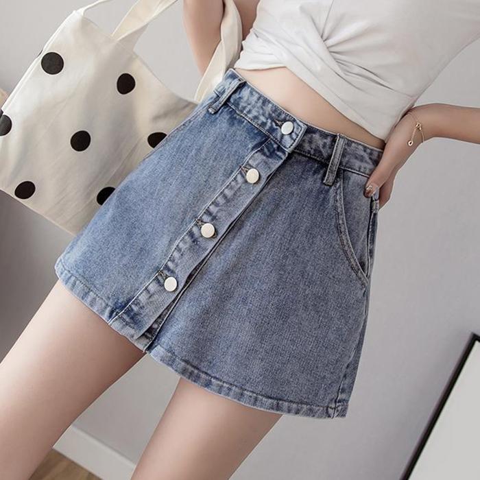 WTEMPO Denim Shorts Skirt Women Jeans Elastic Waist Loose Wide Leg A-line Office Club Casual Party Dates Vocation