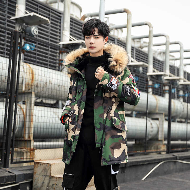 Men's Cotton-padded Jacket Mid-length Hooded Thick Coat Winter Korean Version of The Trend of Casual Large Fur Collar Camouflage Embroidered Coat