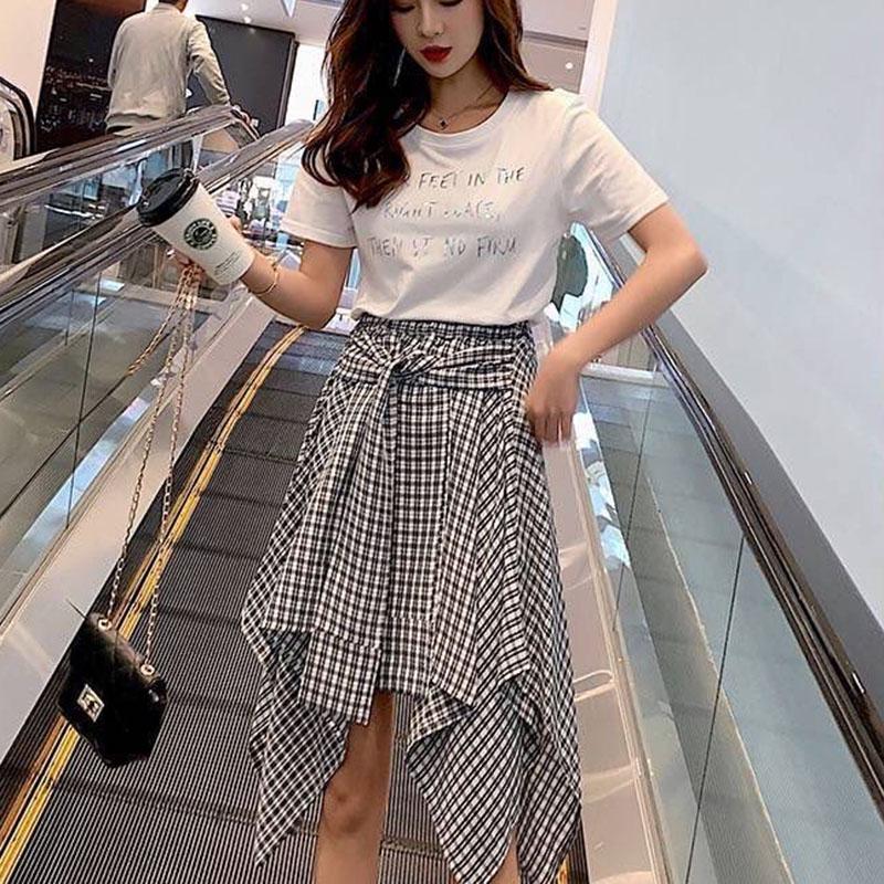 Pofulove Elegant Skirt Set Women Short Sleeve T-shirt Plaid Skirt Two-piece Set Summer Outfits