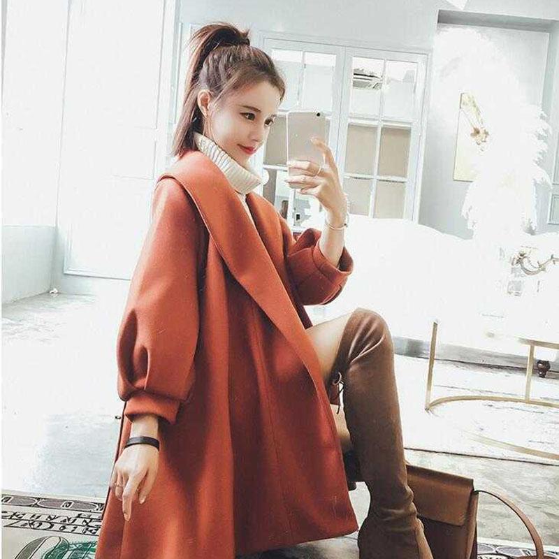 Winter Korean Mid-length Woolen Trench Coat Jacket Spring Lantern Sleeve Harajuku Women's Woolen Coat