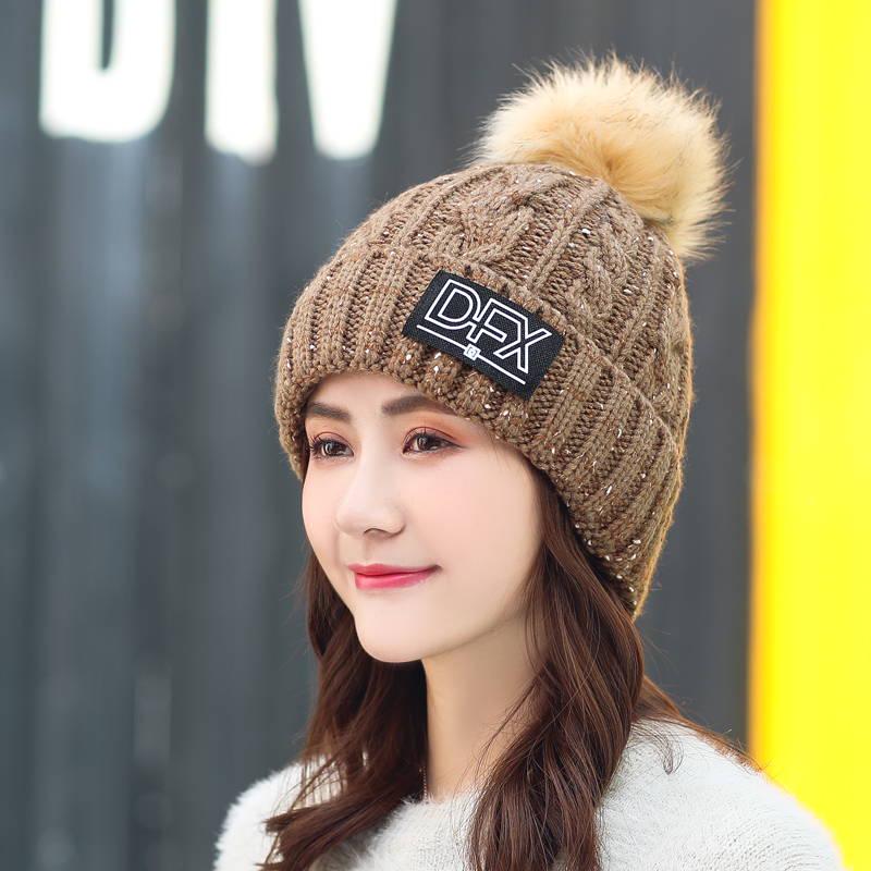 Women's Winter Hat Fur PomPoms Ball Knitted Hats Scarf Hat Set Winter Women Beanie Hat Skullies Cap