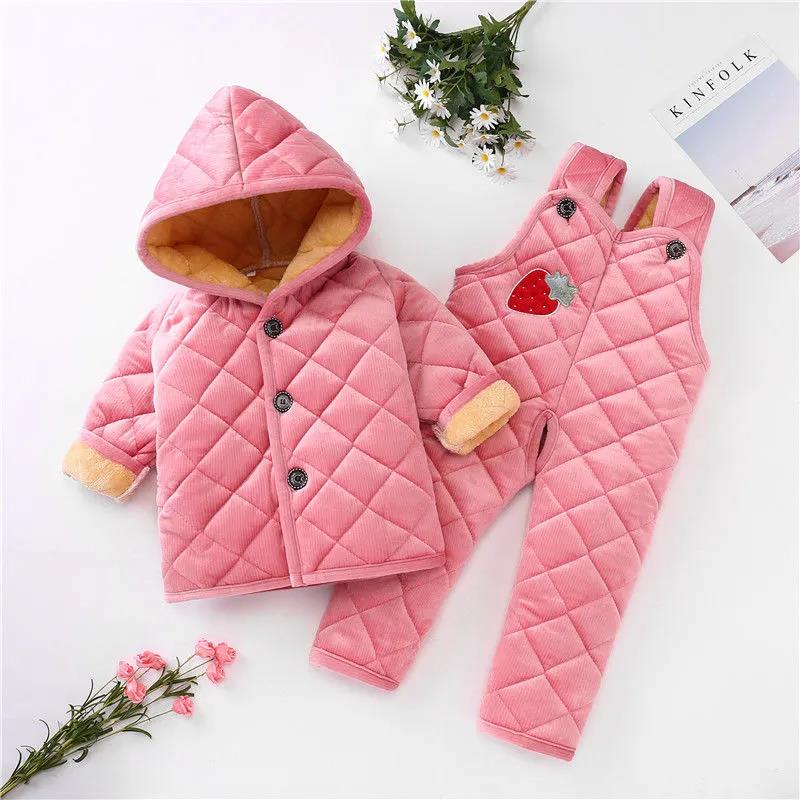 Winter Children's Pajamas Bib Set Three-layer Quilted Thickening Men's and Women's Treasure Coral Fleece Warm Home Service Cotton Suit