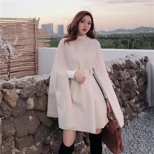 Korean New Style Solid Color Loose Cape Coat Collect Waist Woolen Medium Long Coat Women Winter Tops for Woman