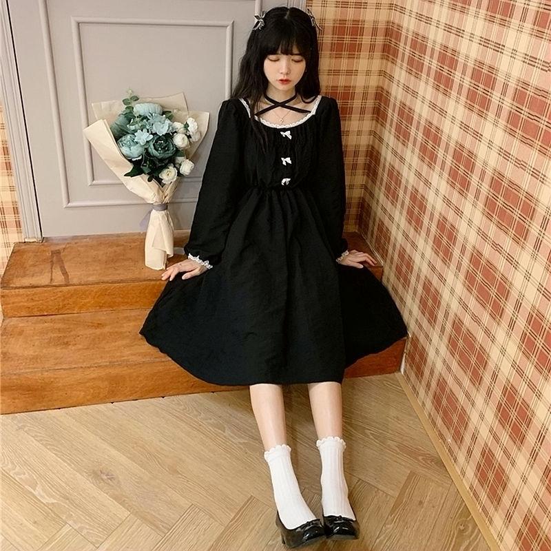 French Retro Lace Little Black Dress Soft Girl Student Cute Bow Waist Mid-length Dress Sweet and Sexy Cute