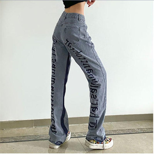 Letter Embroidery Straight-leg Jeans Women's High-waisted Thin Loose Wide-leg Jeans  Mopping Trousers