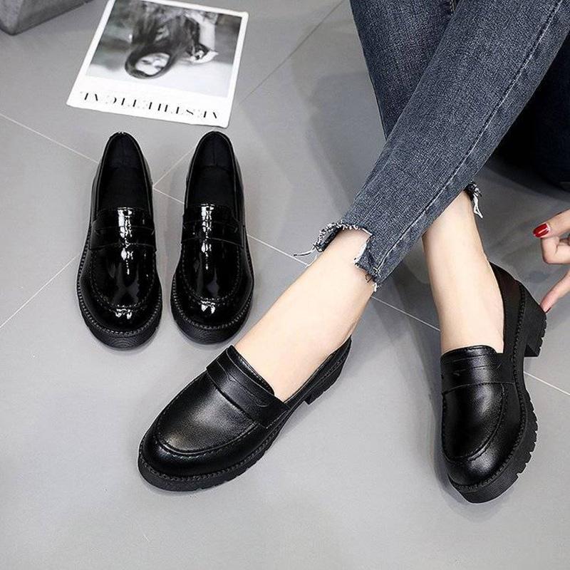 Small Leather Shoes Thick Heels All-match Work Work Professional Black British Style Lazy Shoes Single Shoes Women's Soft Uppers