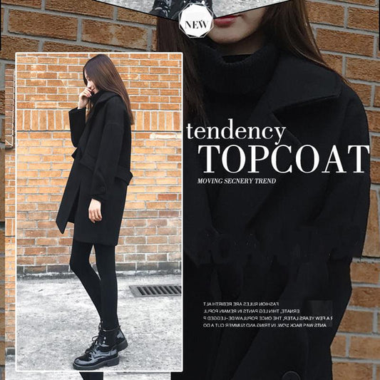 Cotton Thickened Mid-length Woolen Coat Autumn and Winter Loose and Thin Black Woolen Coat