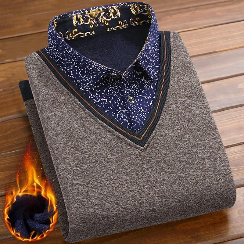 Men's Autumn and Winter Plus Velvet Thick Shirts Fake Two-piece Sweater Comfortable Warm Knitwear Bottoming Shirt Top Printing Business T-shirt