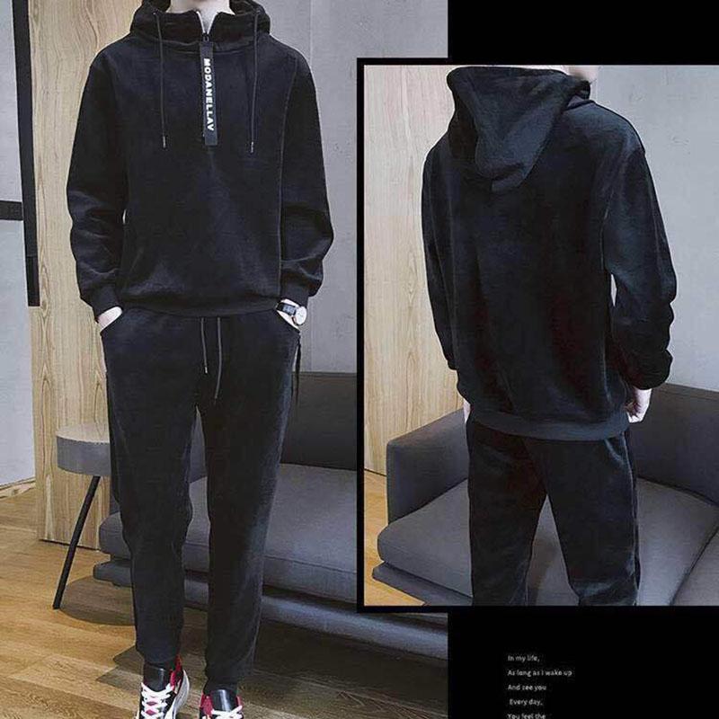 Gold Velvet Men's Sweater Suit Winter Fashion Hooded Plus Velvet Thick Korean Casual Sports Jacket