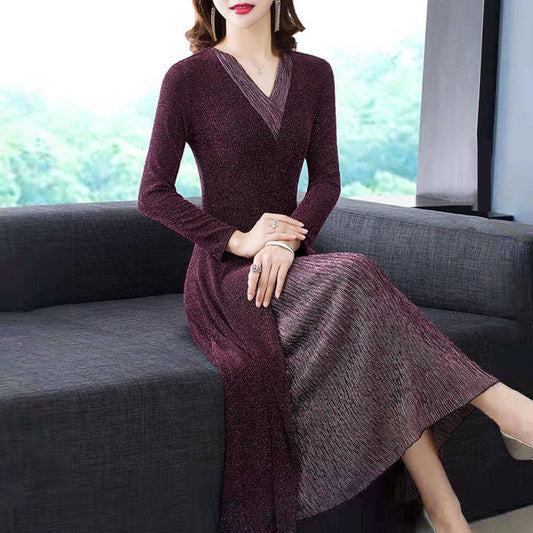 Fake Two Piece Dresses Women Split O-Neck Long Sleeve Irregular Knitted Ruffles Dress