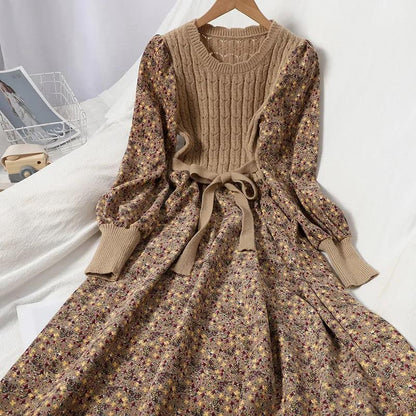 Autumn and Winter Women's Dress Stitching Knitted Long dress A-line Corduroy Floral Dress