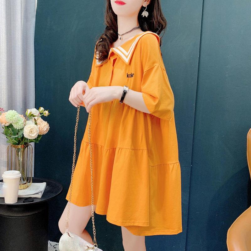 Women's Loose Summer Dress Round Neck Short-sleeved Large Skirt Dress Sailor Suit Dress Sweet and Cute Cotton Fabric Absorbent and Breathable