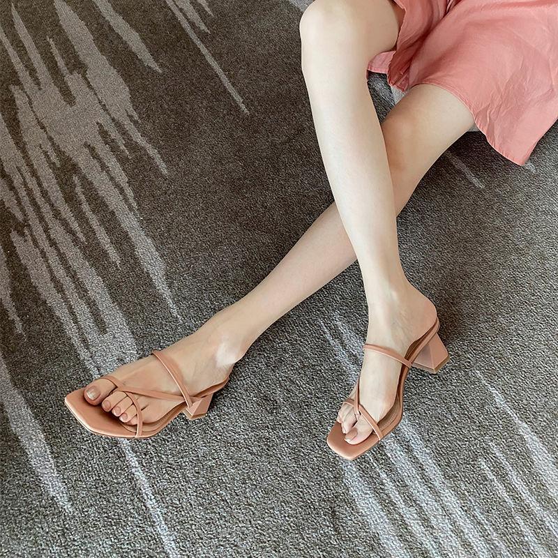 Sandals Wear Soft Leather Thick-heeled Sandals with A Mid-heel Fairy Gentle Wind Flip Flops