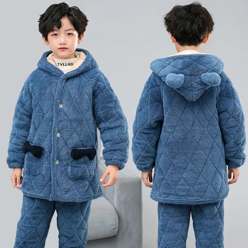 Winter Children's Pajamas Three-layer Quilted Boy Thickening Plus Velvet Cotton Jacket Coral Fleece Baby Flannel Home Service Suit