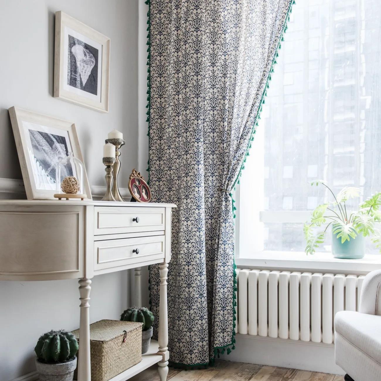 Curtain Finished Blue and White Porcelain Printed Green Tassel Chinese Wind Curtain Living Room Bedroom Study Kitchen Kitchen Small Curtain