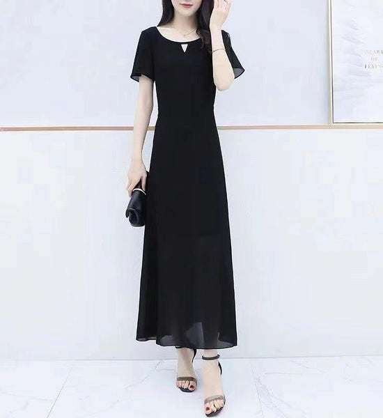 Plus Size Dress Women's Plus Size Long Skirts Cover Belly Reduce Age and Show Thinness Net Gauze Dress Round Neck Long Skirt A-line Version