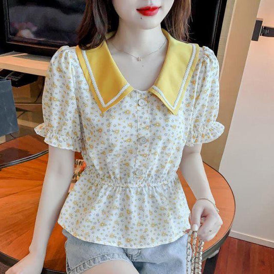 Contrast Color Doll Collar Short-sleeved Floral Shirt Women's Summer Dress Waist Short Shirt Top Trendy