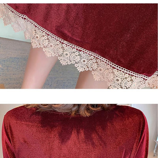 Nightdress Female Gold Velvet Fabric Soft Sexy V-neck Long Skirt Long Sleeve Lace Pajamas Female Spring Mid-length Luxury Autumn and Winter