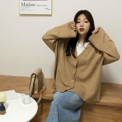 Teen Jacket Female Slim Loose All-match Button Knit Cardigan Jacket Female Solid Color Loose V-neck Sweater