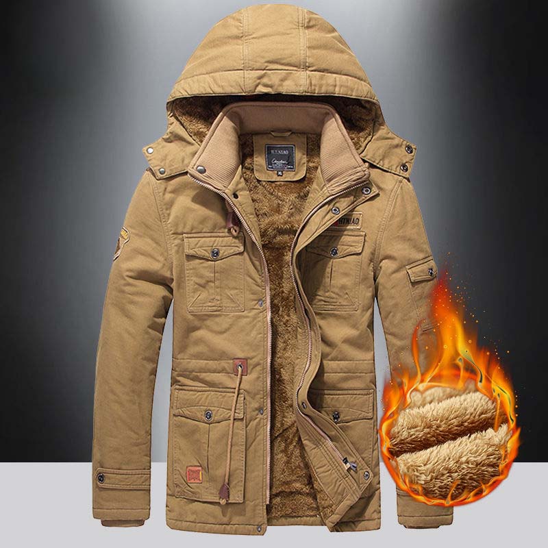 Winter Jacket Men's Plus Velvet Mid-length Padded Coat Cotton Coat Fur Collar Warm Men's Clothing