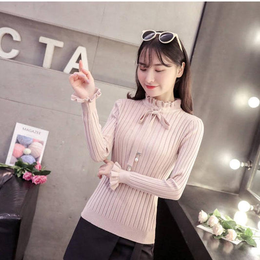 Pofulove Lace Collar  Knitted Sweater Women Autumn Winter Sweet Long Sleeve Slim Pullover Turtleneck Sweater