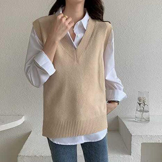 Sweater Vest Women V-neck Solid Simple Slim All-match Casual Korean Style Teenssleeveless Sweaters