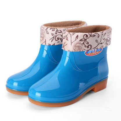 Rain Boots Ladies Mid-tube Plus Velvet Warmth and Non-slip Water Shoes High-tube Rubber Shoes Plus Cotton Thick Water Boots Overshoes