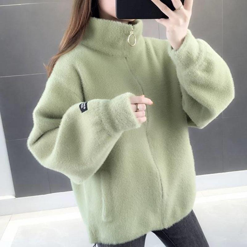 Autumn and Winter Mohair Loose Coat Short Knit Cardigan Tops Solid Color High Neck Women's Coat