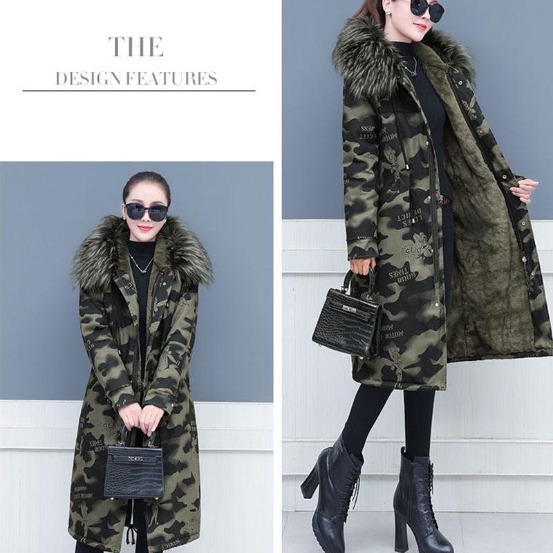 Female Camouflage Parka Coat  Winter Long Cotton-padded Jacket Flocking Hooded Cotton-padded Jacket Winter Print Overcoat